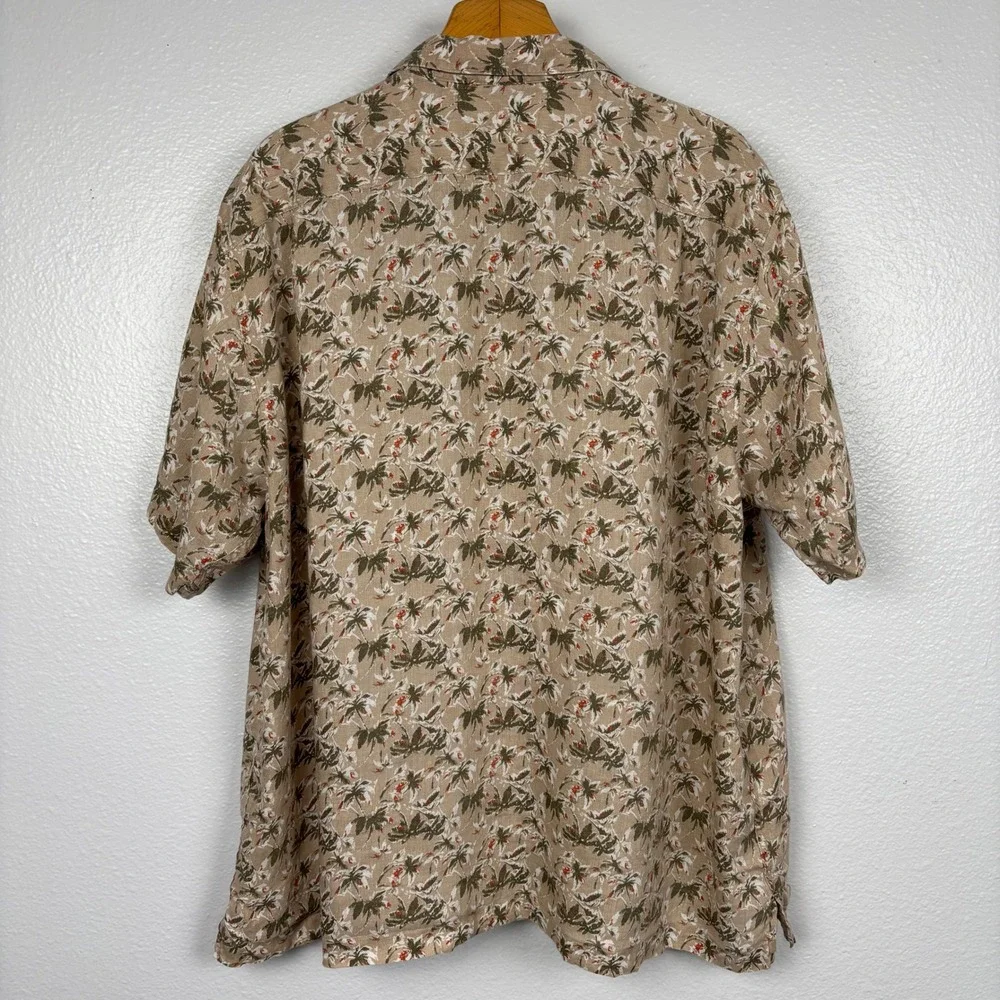 Cremieux 100% Linen Hawaiian Camp Shirt XXL Beige Tropical Palm Print